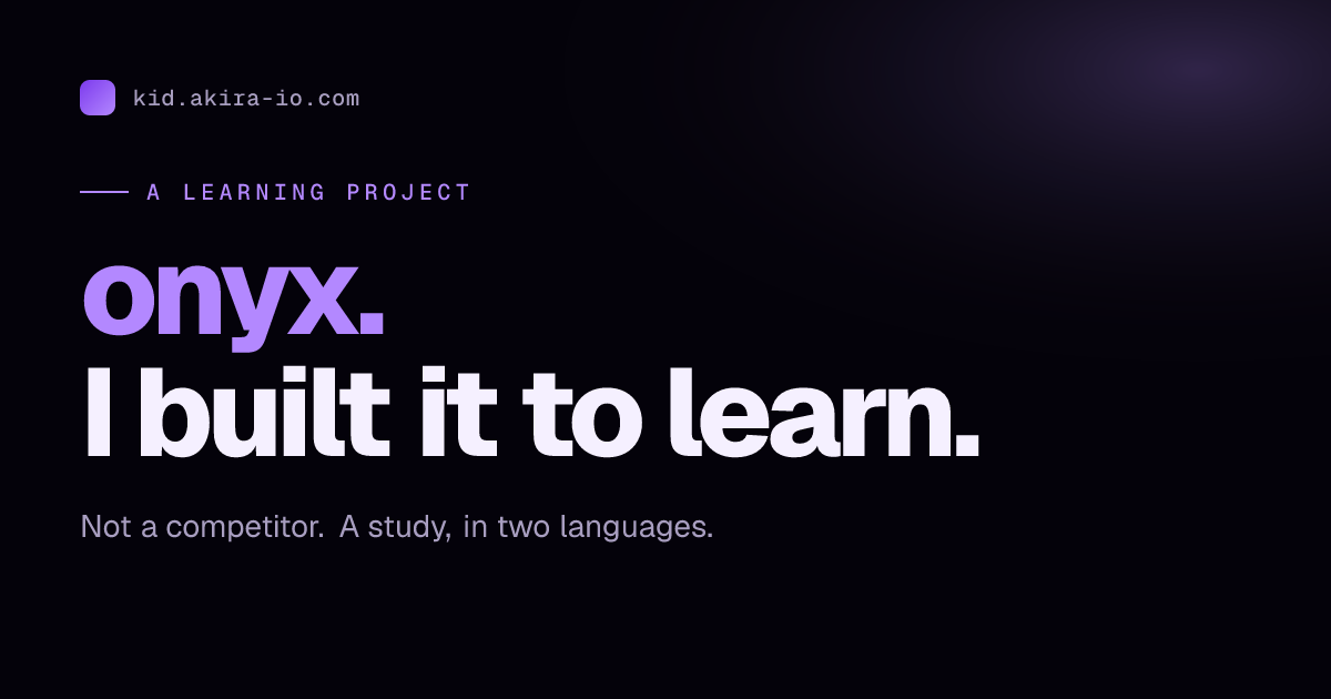 Cross-platform desktop toolkit shipped twice: once in Go, once in Rust. Same module surface, idiomatic in each language. paths, files, shell, clipboard, notify, keyring.

Full post → https://kid.akira-io.com/writing/onyx-study
Code → github.com/akira-io/onyx · github.com/akira-io/onyx-rs